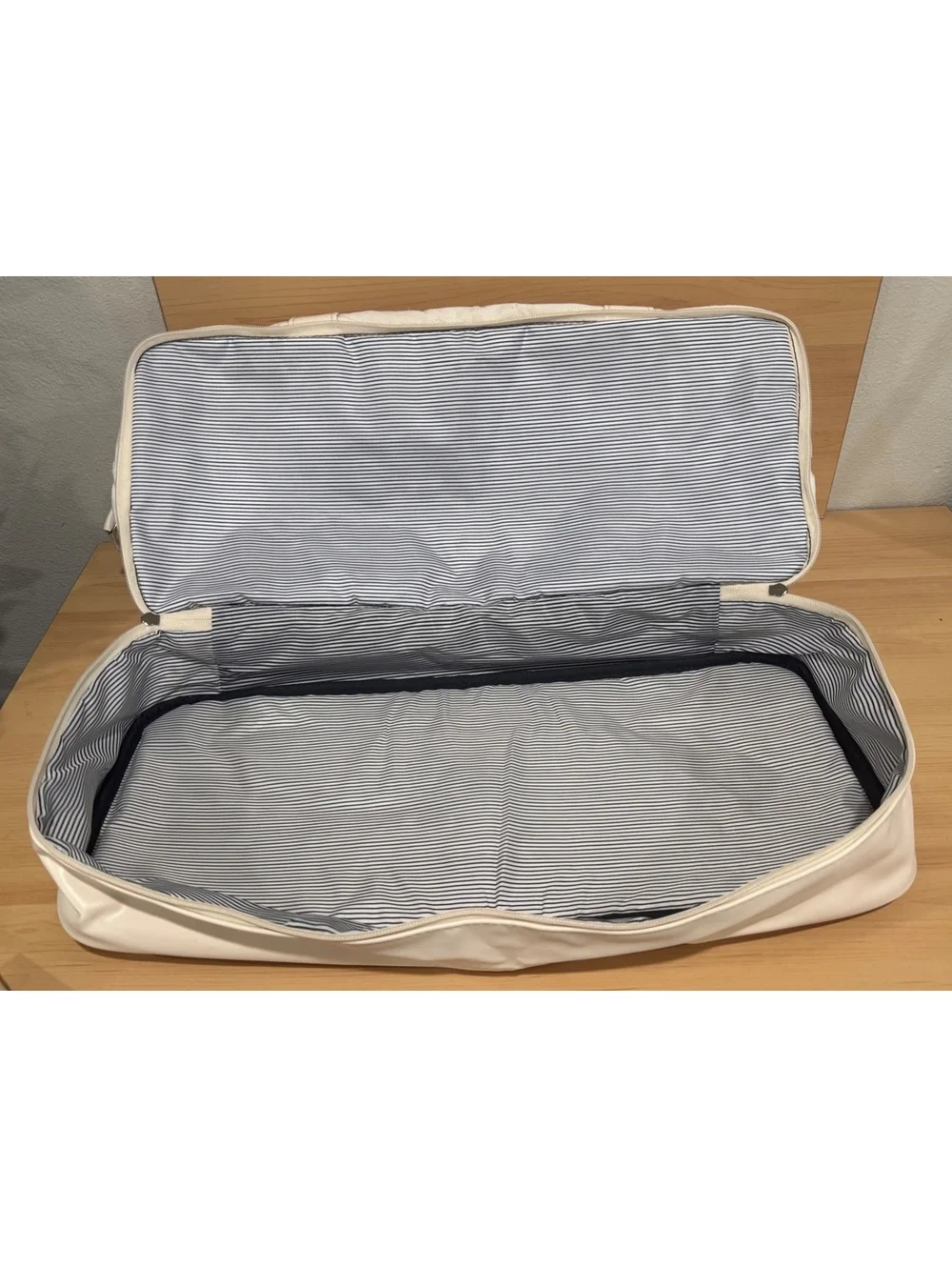 White Canvas and Faux Leather Weekender Duffel Bag with Pouch and Strap